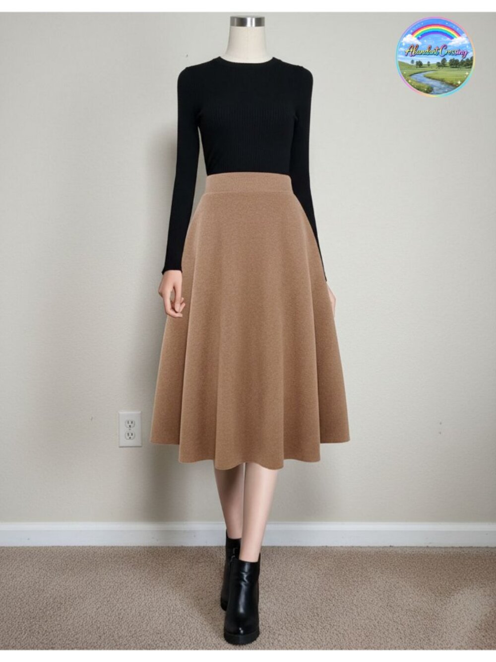 Wool Midi Skirt High Waist A-Line Flared Pleated Winter Office